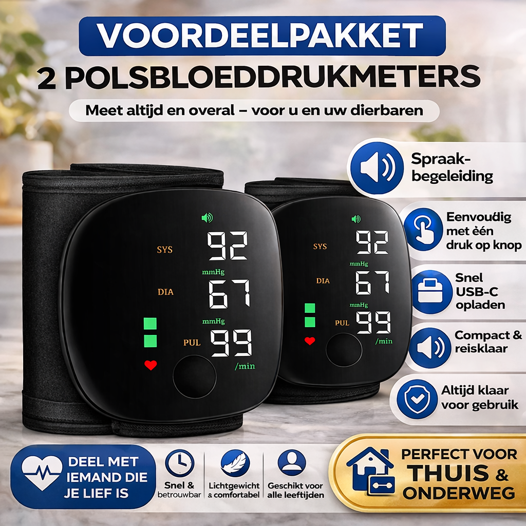 Mellando - Compacte  Polsbloeddrukmeter, Spraakfunctie, USB-C