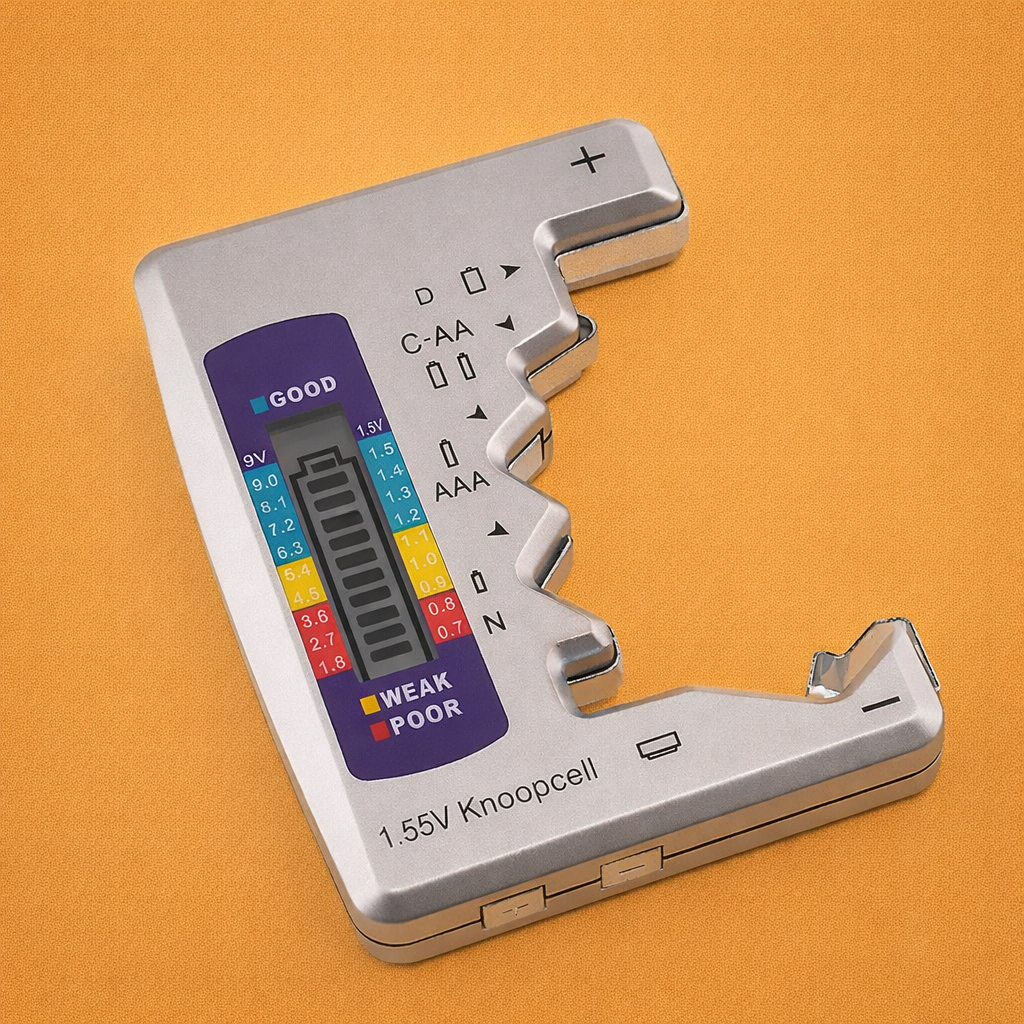 Universele Batterijtester – Controleert AA, AAA, 9V, Knoppen en Meer