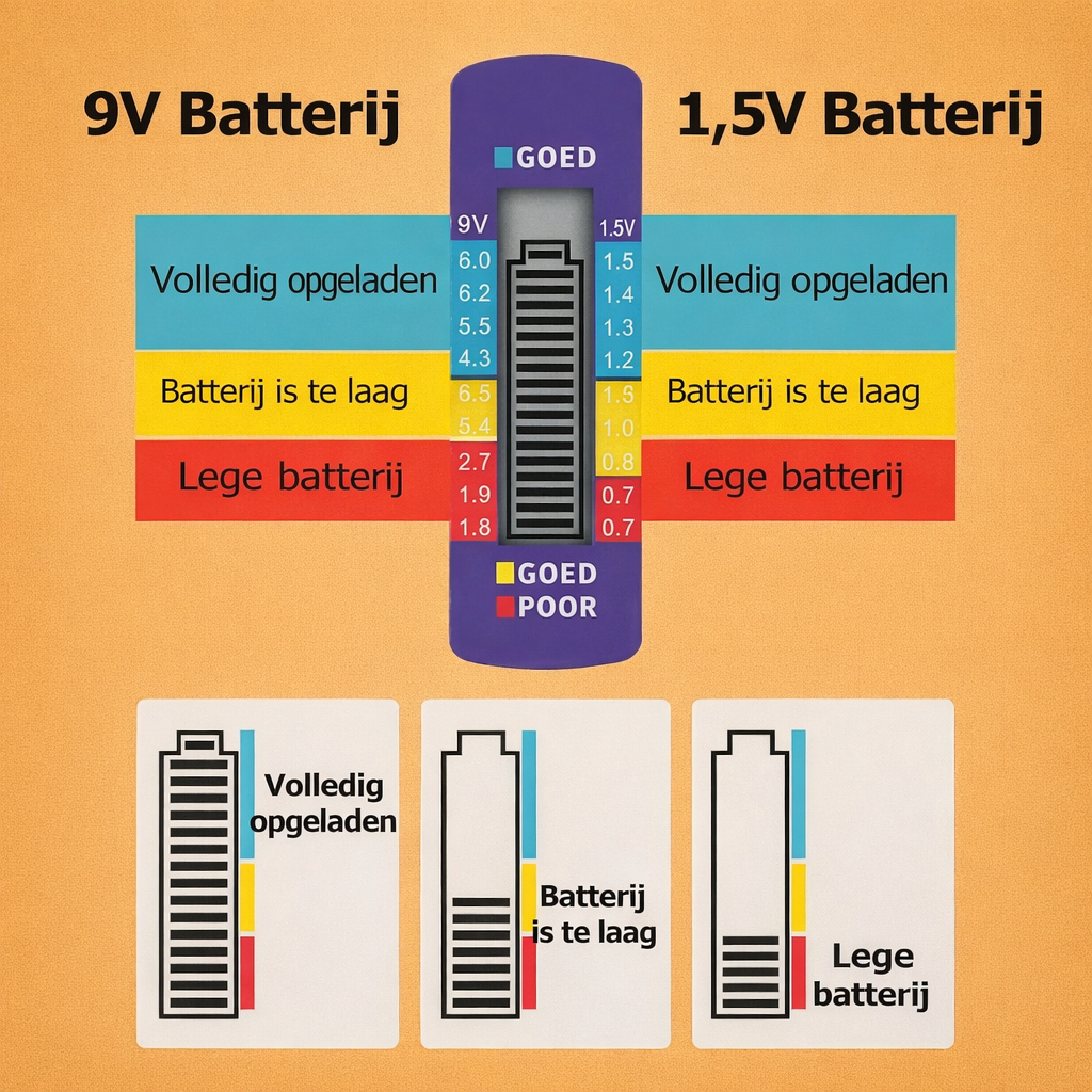 Universele Batterijtester – Controleert AA, AAA, 9V, Knoppen en Meer