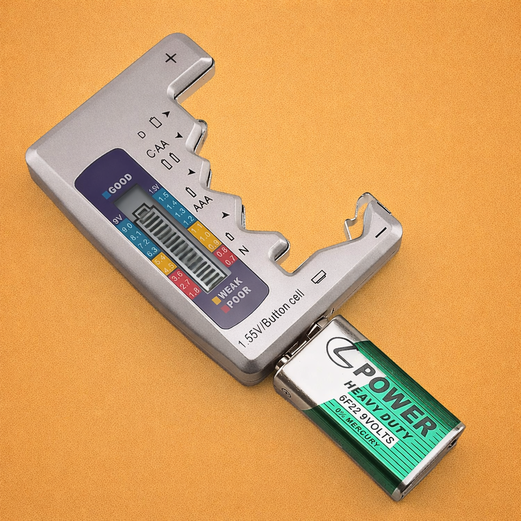 Universele Batterijtester – Controleert AA, AAA, 9V, Knoppen en Meer
