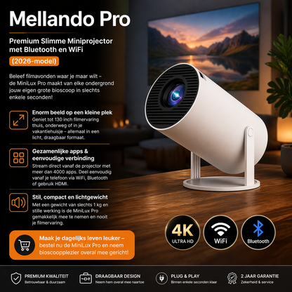 Mellando Pro – Premium Slimme Miniprojector met Bluetooth en WiFi (2026-model)