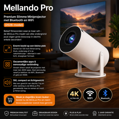 Mellando Pro – Premium Slimme Miniprojector met Bluetooth en WiFi (2026-model)